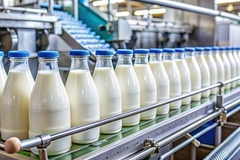 Image milk bottles on a conveyor in the factory