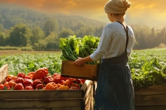 Image farmer harvesting vegetables carrying box facing her field