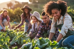Image teenagers happily working on a lettuce farm