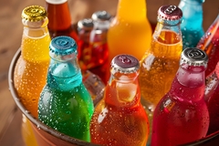 Image Colorful soft drinks in metal bucket on wood