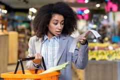 Image shocked african american women looks at grocery bill