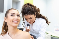 woman being examined by dermatologist