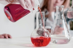 A scientist pours cranberry extract from a test tube into a beaker in a lab.