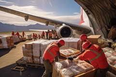 Image workers packing aid next to plane