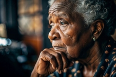 Image grim looking senior woman looks worried
