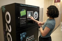 woman using putting container in collection system