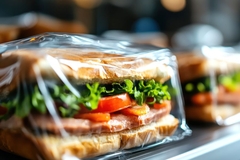 Sandwich in plastic packaging on shelf.