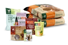 A group of pet food packaging