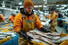 A fish market worker in protective gear sorting fresh fish in crates, showcasing seafood industry operations and fish processing