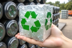 Plastic in bag with recycling logo printed on.
