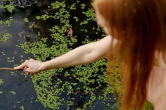 Image Woman extending hand into body of water with algae