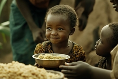 Image happy african girl receiving bowl of rice