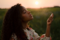 A woman spraying perfume on her face outside