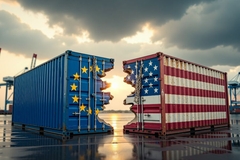 Image Shipping containers with Eu flag and US flag splitting