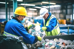 A group of workers in a recycling factory