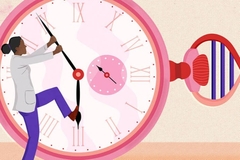 Image A drawing of a woman trying to turn back a big clock.
