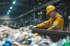 Image Man working on plastic recycling conveyor belt.