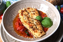 vegan black cod alternative on a white plate