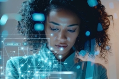 Woman holding tech with AI illustrations