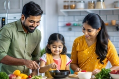 Image happy indian parents with daughter in kitchen