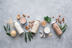 Image Various plant based milk in bottles on a grey surface with leaves