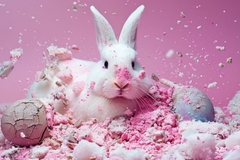 Bunny surrounded by makeup products