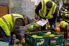 Image two men in neon green uniforms inspecting imported fruits