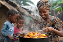 Image Woman cooking for two children in Africa