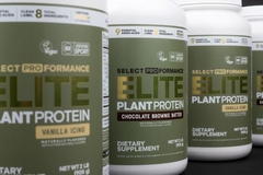 Cans of Six Star Nutrition's Elite Select Proformance Plant Protein lined up in a row.