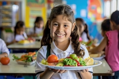 Image happy school girl carries plate of healthy lunch