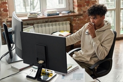 Image A student studies and works at his computer while sipping from a non-descript can.