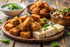 Image tofu, tempeh, and fake meat on table