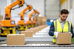 Image Worker handling cardboard boxes on production line.