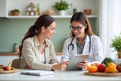 Image doctor and patient sit and look at document with veggies on table