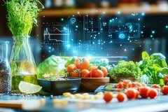 Healthy veggies on table with futuristic graphic art
