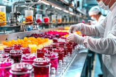 Image Workers filling plastic packaging with food.