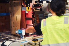 Image Woman operating paper packaging machine.