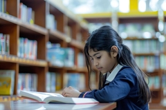 Image girl reads book in library