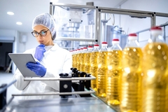 a female factory worker standing next to oils in bottles and looking at data on a tablet