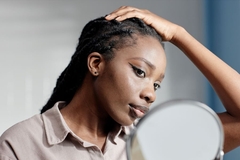 black woman looking at her hair and makeup in the mirror