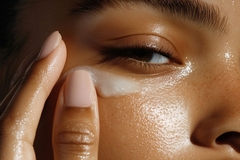 Image A woman eye close up with eye cream on and her skin looks wet.