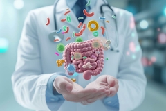 Image Gut model floats over doctors palms