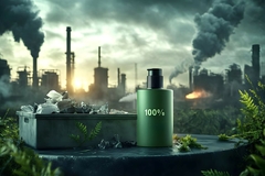 skin care bottle claiming biodegradability while factory in background shows fossil fuels