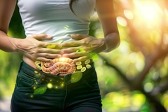 Image Diagram of gut overlayed on woman's stomach