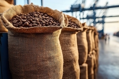 Image Burlap sacks filled with freshly roasted coffee beans at busy cargo port