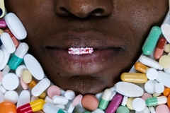 Image woman's face buried in colorful pill assortment
