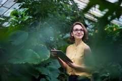 business woman in garden sustainable beauty and organic plants