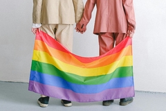 Image men in suits holding hands in front of pride flag
