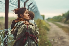Image woman with baby by border fence