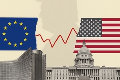 Image washington and brussels buildings with US and EU flags